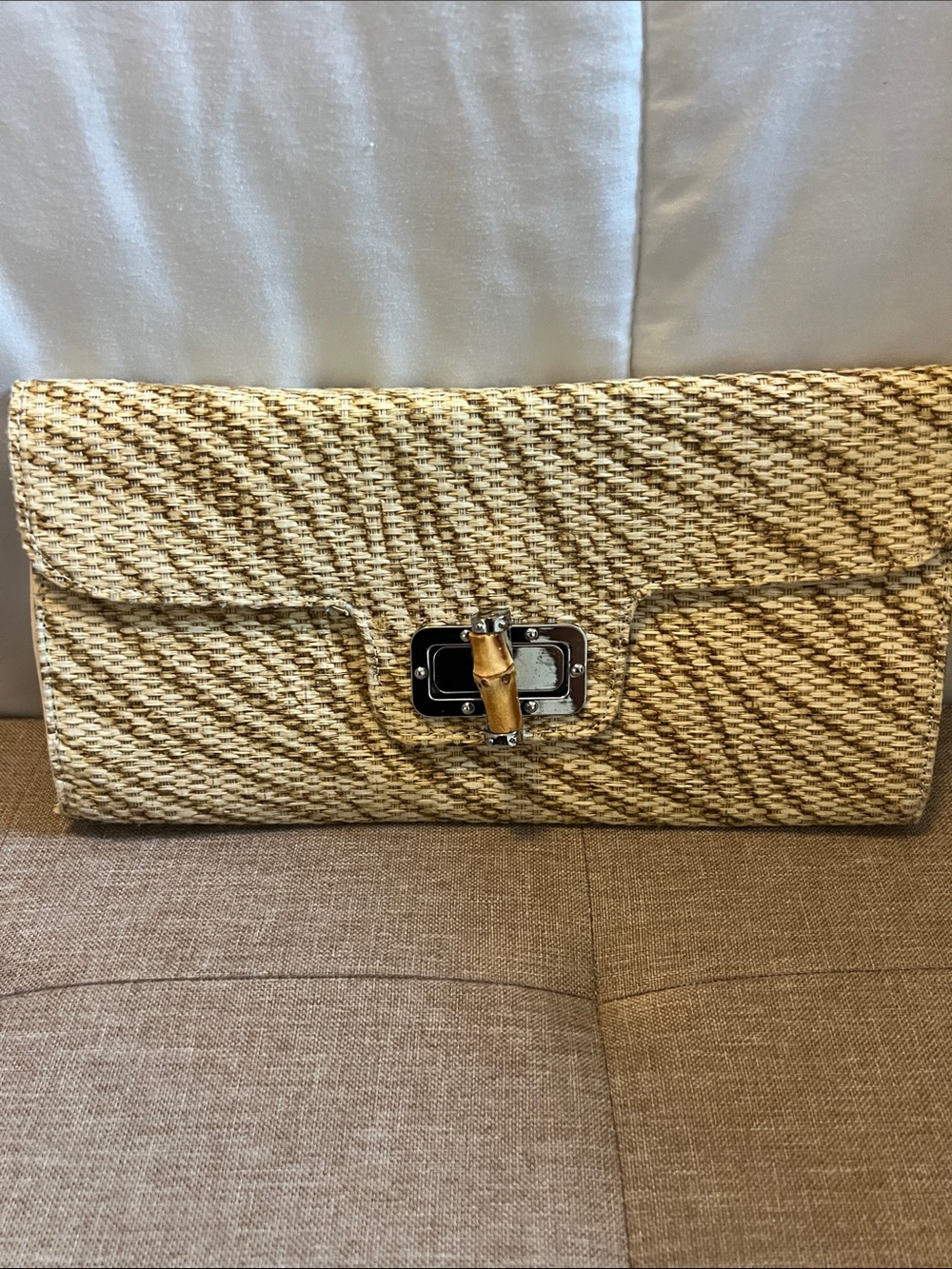 MMS Design Studio Woven Straw Clutch in Natural Beige with Bamboo Accent